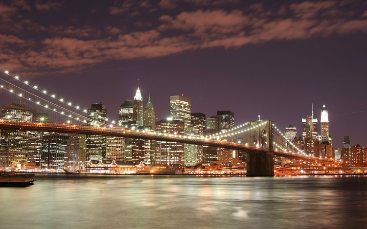 ночь, огни, мост, нью-йорк, бруклинский мост, night, lights, bridge, new york, brooklyn bridge