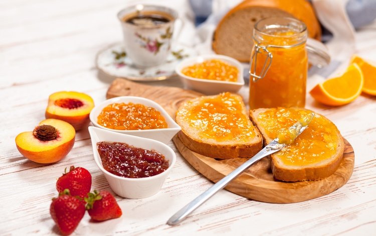 клубника, кофе, джем, хлеб, абрикос, завтрак, strawberry, coffee, jam, bread, apricot, breakfast