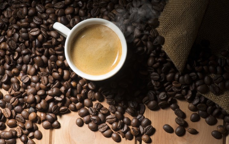 зерна, кофе, чашка, кофейные зерна, капучино, пенка, мешковина, grain, coffee, cup, coffee beans, cappuccino, foam, burlap