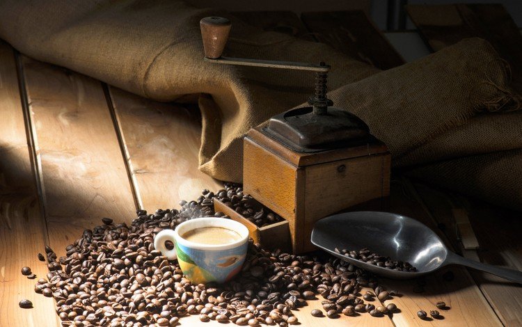 зерна, кофе, чашка, кофемолка, grain, coffee, cup, coffee grinder