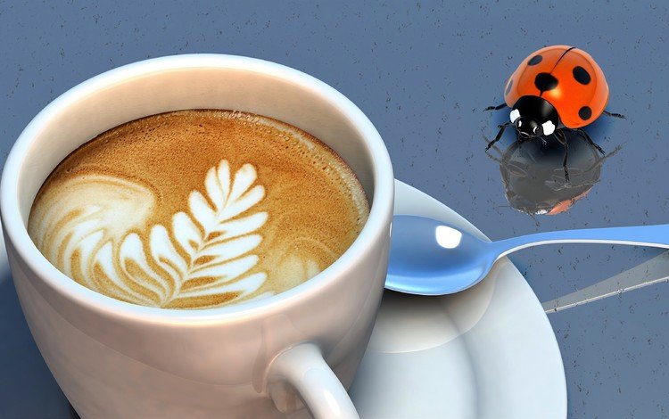 насекомое, узор, кофе, божья коровка, чашка, ложка, капучино, пенка, insect, pattern, coffee, ladybug, cup, spoon, cappuccino, foam