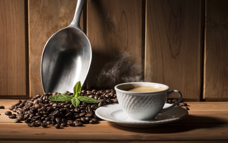 мята, зерна, кофе, чашка, кофейные зерна, ложка, mint, grain, coffee, cup, coffee beans, spoon