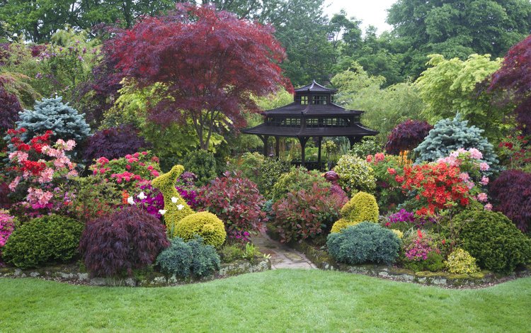 природа, дизайн, кусты, пагода, англия, ландшафт, рододендрон, сады, nature, design, the bushes, pagoda, england, landscape, rhododendron, gardens