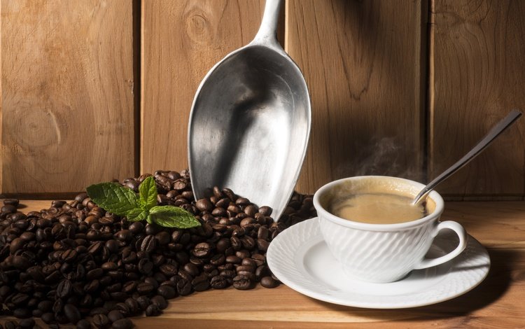 мята, зерна, кофе, чашка, кофейные зерна, совок, mint, grain, coffee, cup, coffee beans, scoop