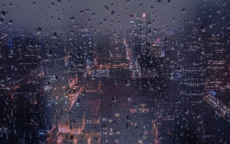 ночь, капли на стекле, город, дождь, ванкувер, окно, здания, канада, капли дождя, night, drops on glass, the city, rain, vancouver, window, building, canada, raindrops