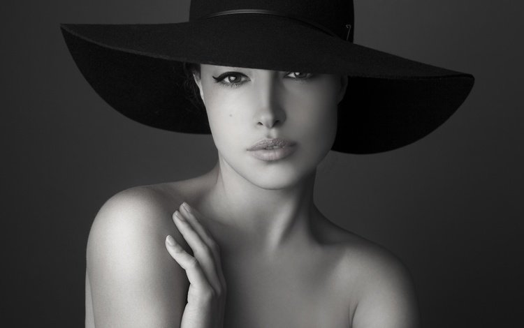 взгляд, чёрно-белое, модель, шляпа, look, black and white, model, hat