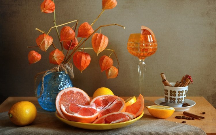 фрукты, бокал, лимон, апельсин, физалис, цитрусы, fruit, glass, lemon, orange, physalis, citrus