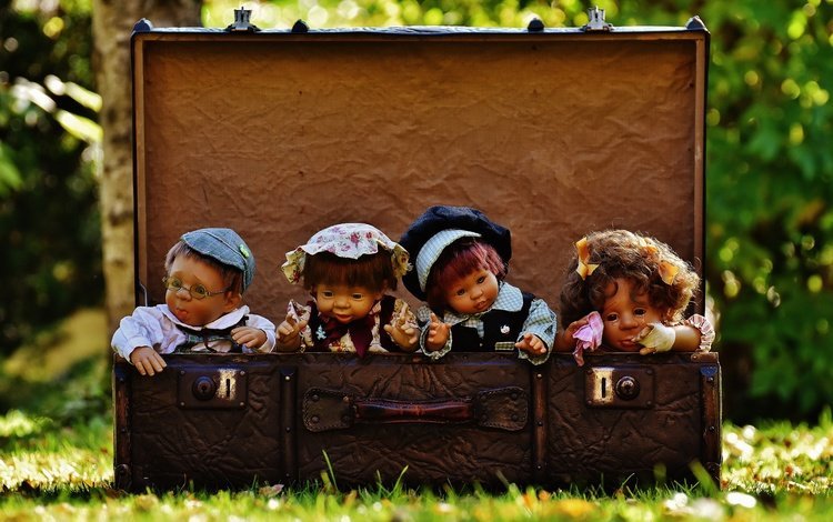 трава, природа, игрушки, чемодан, куклы, grass, nature, toys, suitcase, doll