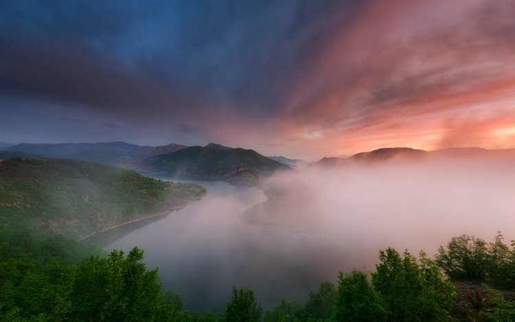 свет, вечер, река, горы, природа, утро, туман, light, the evening, river, mountains, nature, morning, fog