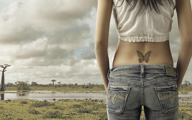 девушка, бабочка, джинсы, спина, татуировка, girl, butterfly, jeans, back, tattoo
