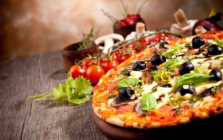 зелень, грибы, помидоры, оливки, пицца, greens, mushrooms, tomatoes, olives, pizza