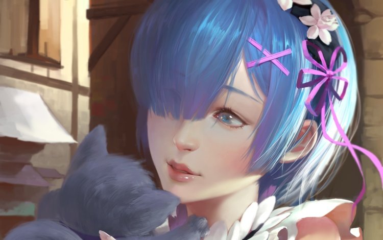 арт, девушка, котенок, аниме, синие волосы, re: zero kara hajimeru isekai seikatsu, с нуля, рем, art, girl, kitty, anime, blue hair, from scratch, rem