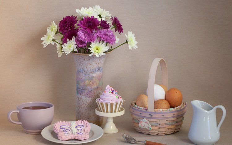 цветы, чай, яйца, печенье, натюрморт, flowers, tea, eggs, cookies, still life