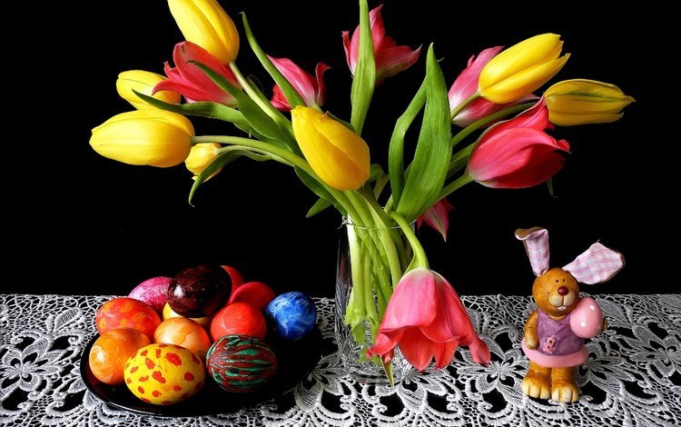 цветы, фон, тюльпаны, кролик, пасха, салфетка, flowers, background, tulips, rabbit, easter, napkin