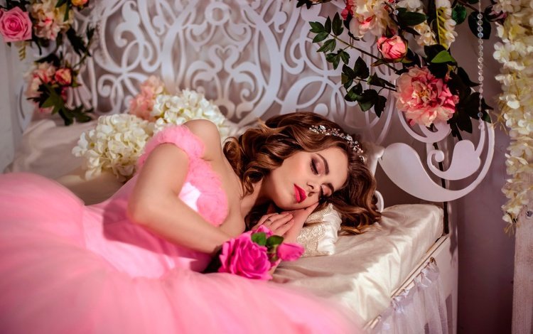 цветы, девушка, платье, сон, кровать, макияж, закрытые глаза, flowers, girl, dress, sleep, bed, makeup, closed eyes