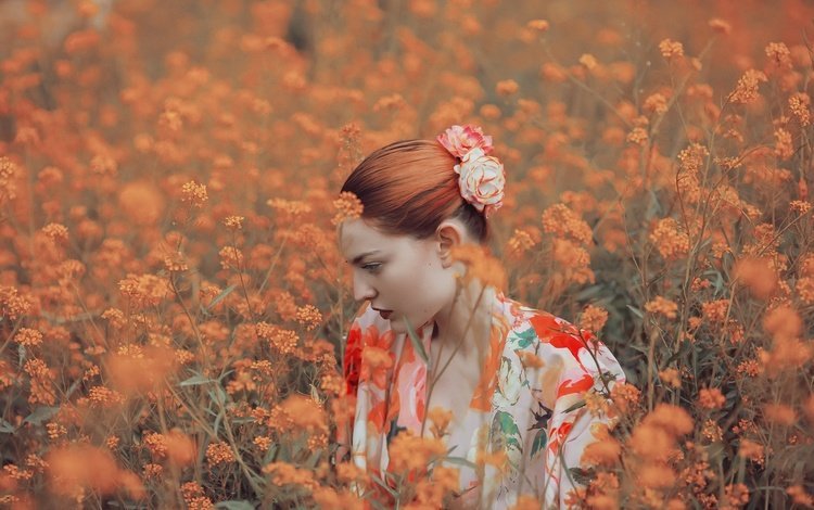 цветы, природа, девушка, профиль, рыжеволосая, flowers, nature, girl, profile, redhead