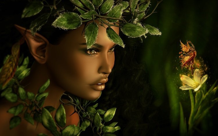 девушка, листва, фея, лицо, эльфийка, сказка, girl, foliage, fairy, face, elf, tale