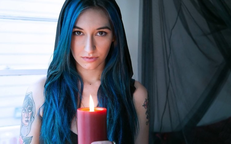 девушка, модель, татуировка, свеча, синие волосы, moon, girl, model, tattoo, candle, blue hair