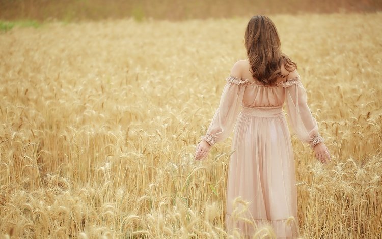 девушка, платье, поле, колосья, пшеница, волосы, girl, dress, field, ears, wheat, hair