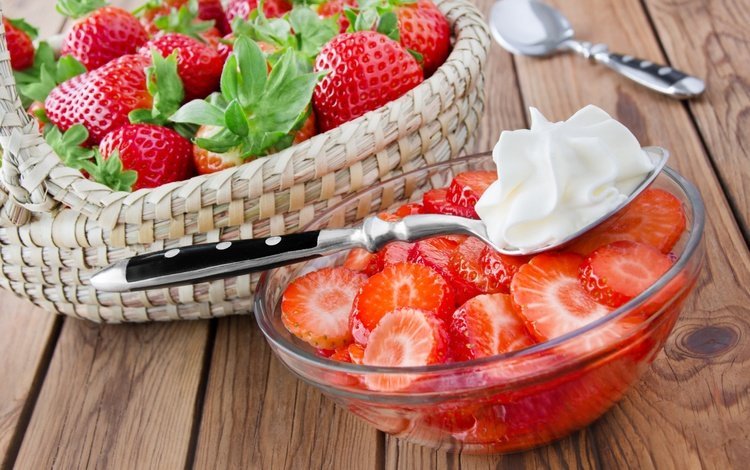 клубника, ягоды, сливки, корзинка, strawberry, berries, cream, basket