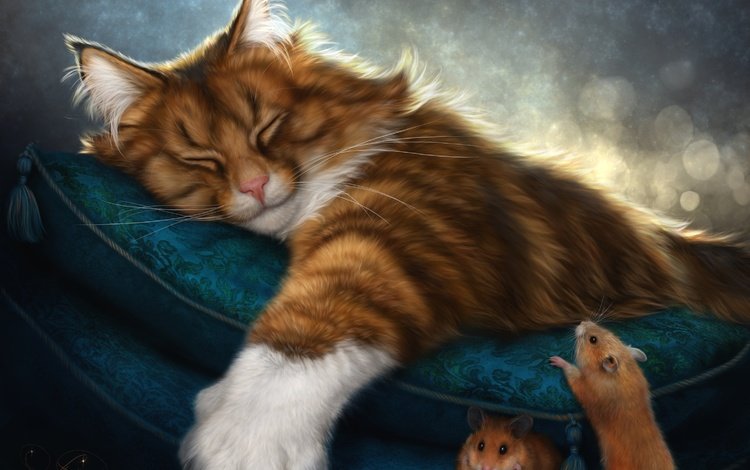арт, кот, сон, рыжий, мыши, подушка, art, cat, sleep, red, mouse, pillow
