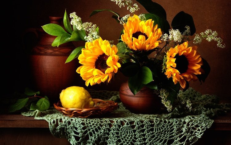 цветы, фрукты, лимон, букет, подсолнухи, салфетка, натюрморт, flowers, fruit, lemon, bouquet, sunflowers, napkin, still life
