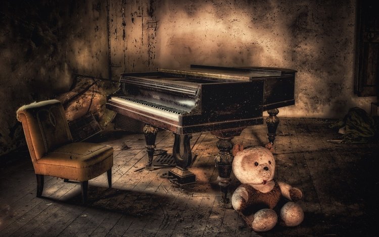 мишка, кресло, пианино, bear, chair, piano