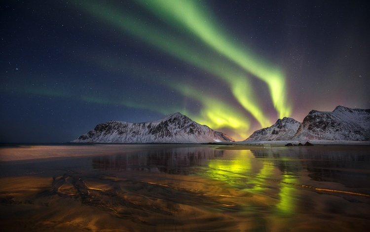 ночь, горы, отражение, северное сияние, норвегия, night, mountains, reflection, northern lights, norway