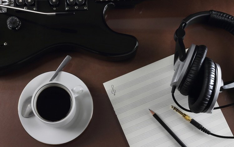 ноты, кофе, наушники, чашка, электрогитара, творчество, студия, звукозапись, notes, coffee, headphones, cup, electric guitar, creativity, studio, the recorder
