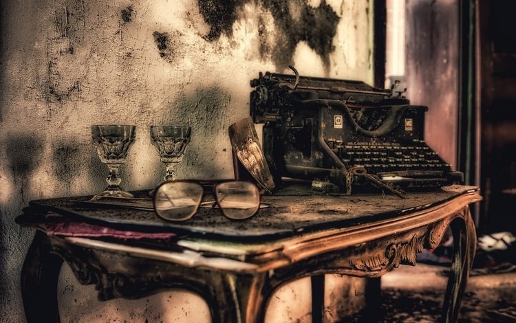 ретро, очки, стол, пишущая машинка, retro, glasses, table, typewriter