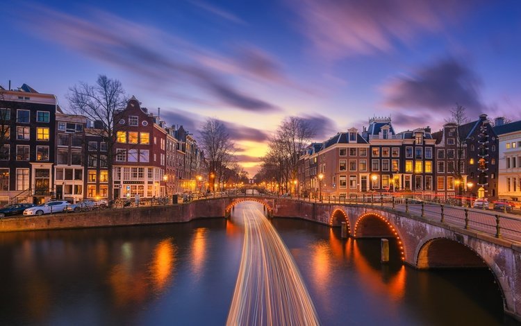 амстердам, огни, мост нидерланды, вечер, город, канал, здания, мосты, выдержка, нидерланды, amsterdam, lights, bridge the netherlands, the evening, the city, channel, building, bridges, excerpt, netherlands