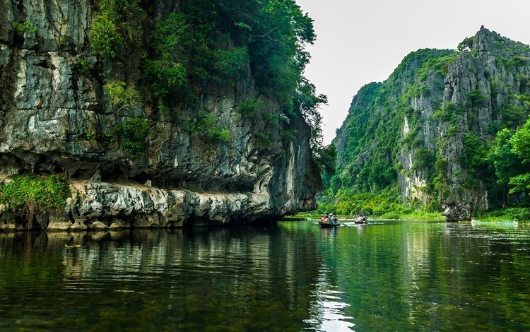 река, скалы, лодки, вьетнам, river, rocks, boats, vietnam