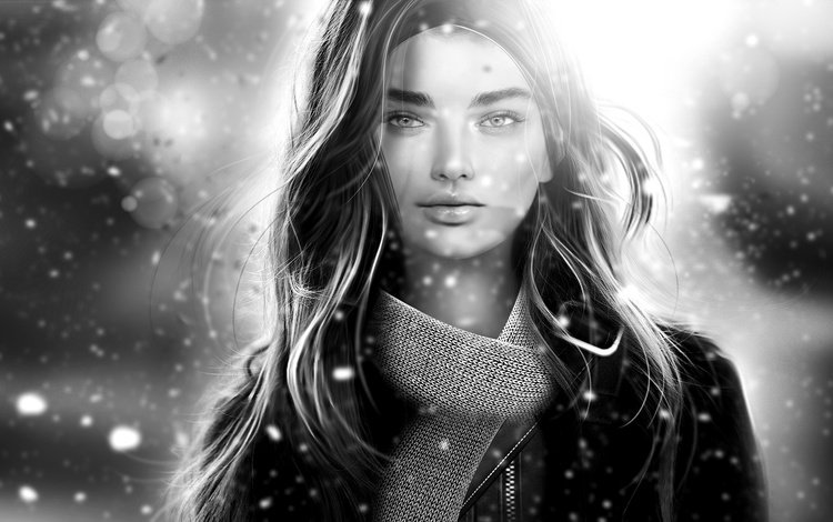 арт, снег, девушка, чёрно-белое, лицо, шарф, art, snow, girl, black and white, face, scarf
