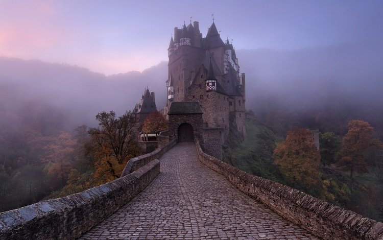 деревья, туман, замок, осень, дымка, германия, эльц, trees, fog, castle, autumn, haze, germany, eltz