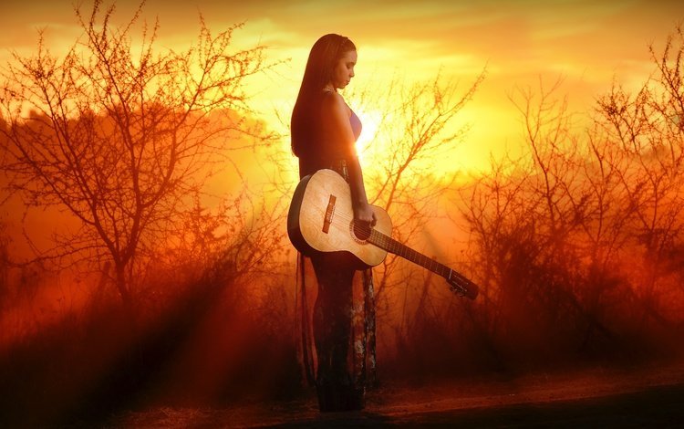 природа, закат, девушка, гитара, nature, sunset, girl, guitar