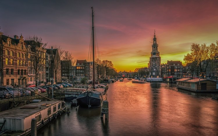 закат, корабли, канал, набережная, нидерланды, амстердам, sunset, ships, channel, promenade, netherlands, amsterdam
