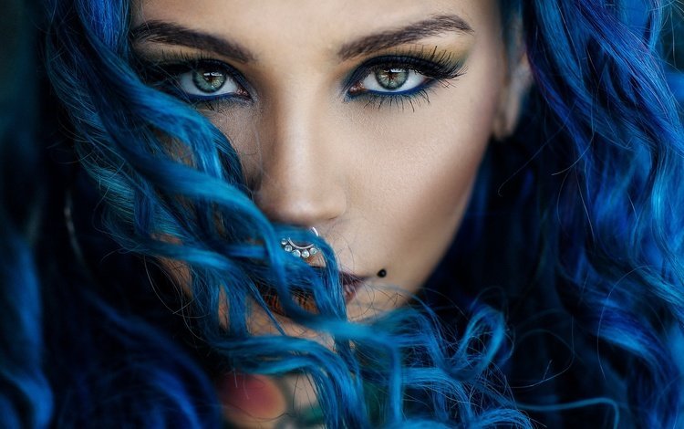 глаза, девушка, взгляд, модель, волосы, лицо, макияж, синие волосы, eyes, girl, look, model, hair, face, makeup, blue hair