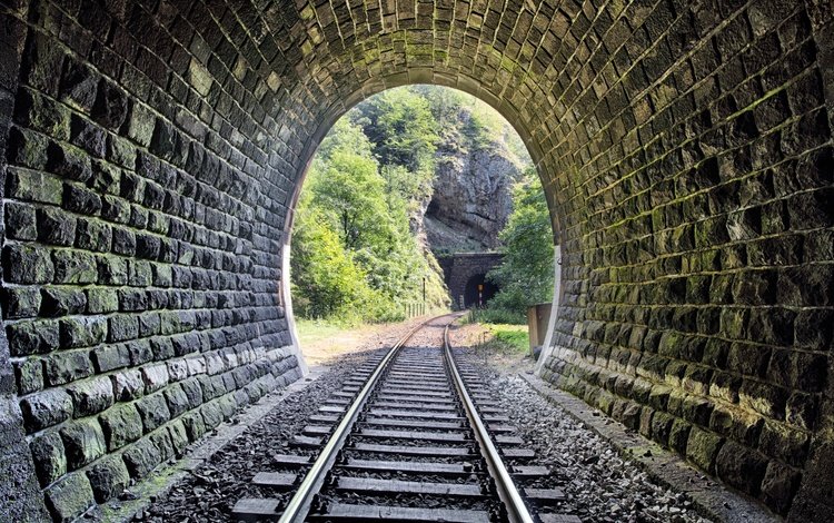 деревья, железная дорога, рельсы, камни, тоннель, trees, railroad, rails, stones, the tunnel