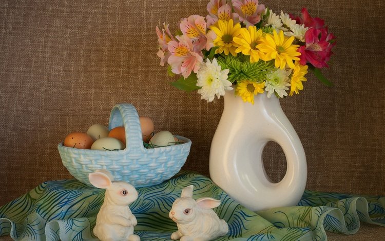 цветы, букет, пасха, яйца, корзинка, зайчики, flowers, bouquet, easter, eggs, basket, bunnies