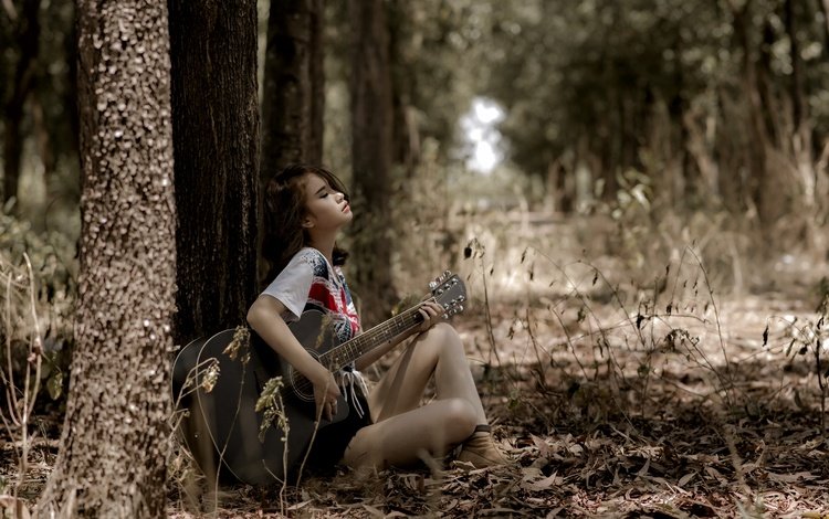 девушка, настроение, гитара, музыка, взгляд, азиатка, girl, mood, guitar, music, look, asian
