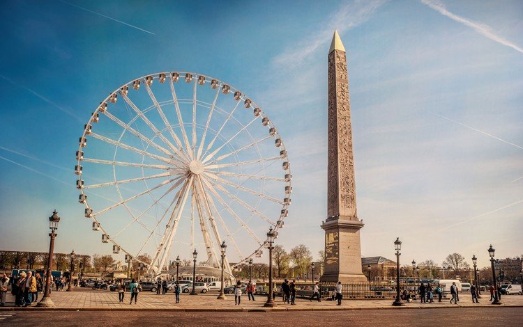 люди, колесо обозрения, город, париж, франция, обелиск, people, ferris wheel, the city, paris, france, obelisk