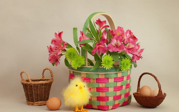 цветы, корзина, пасха, яйца, цыплёнок, flowers, basket, easter, eggs, chicken