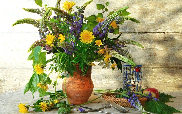 цветы, лето, букет, одуванчики, ваза, люпин, flowers, summer, bouquet, dandelions, vase, lupin