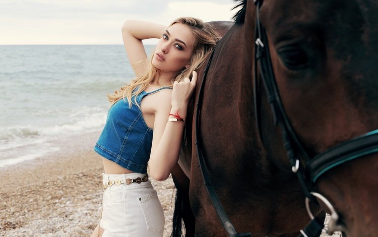 лошадь, девушка, море, блондинка, пляж, взгляд, волосы, полина, horse, girl, sea, blonde, beach, look, hair, pauline
