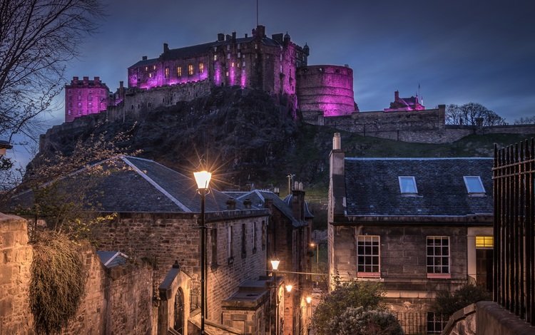 ночь, фонари, город, дома, шотландия, замки, эдинбургский замок, night, lights, the city, home, scotland, locks, edinburgh castle