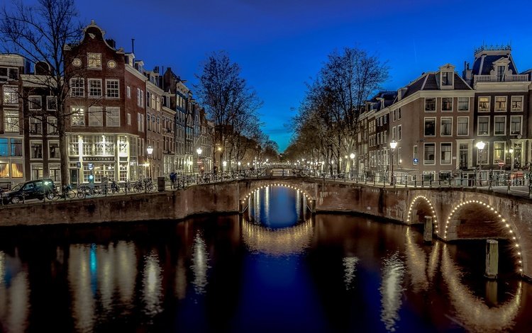 ночь, огни, мост, канал, дома, арка, нидерланды, амстердам, night, lights, bridge, channel, home, arch, netherlands, amsterdam