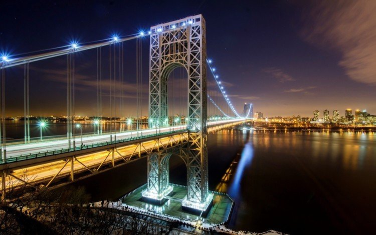 ночь, огни, мост, сша, нью-йорк, подсветка, мост джорджа вашингтона, night, lights, bridge, usa, new york, backlight, the george washington bridge