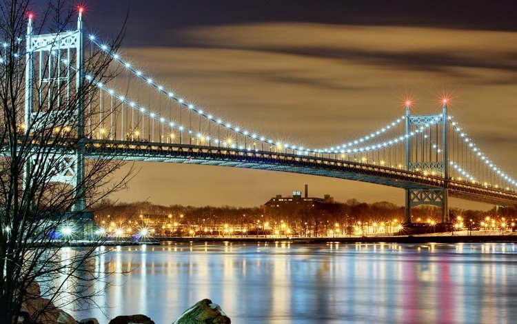 ночь, висячий мост, огни, мост трайборо, вода, мост, город, сша, нью-йорк, подсветка, night, suspension bridge, lights, the triborough bridge, water, bridge, the city, usa, new york, backlight