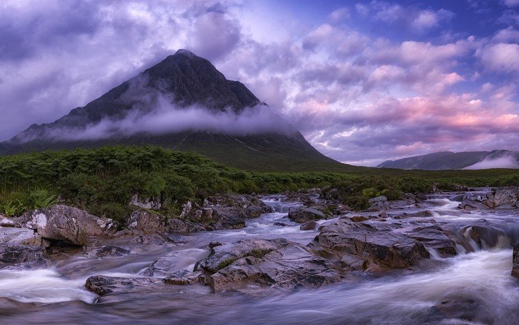 облака, река, камни, гора, шотландия, хайленд, гленко, clouds, river, stones, mountain, scotland, highland, glencoe