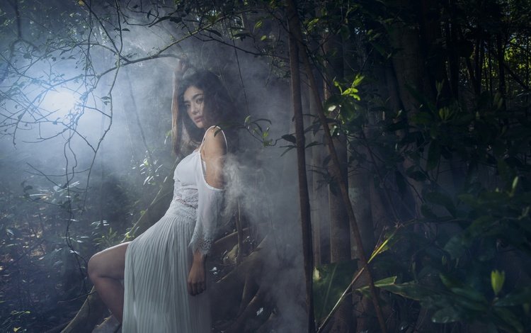 природа, девушка, туман, взгляд, волосы, белое платье, nature, girl, fog, look, hair, white dress